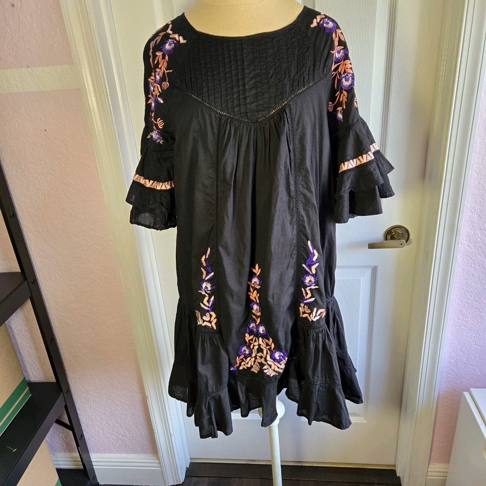 Free People Black Embroidered Pavlo Babydoll Dress Tunic size XS Ruffles Lined